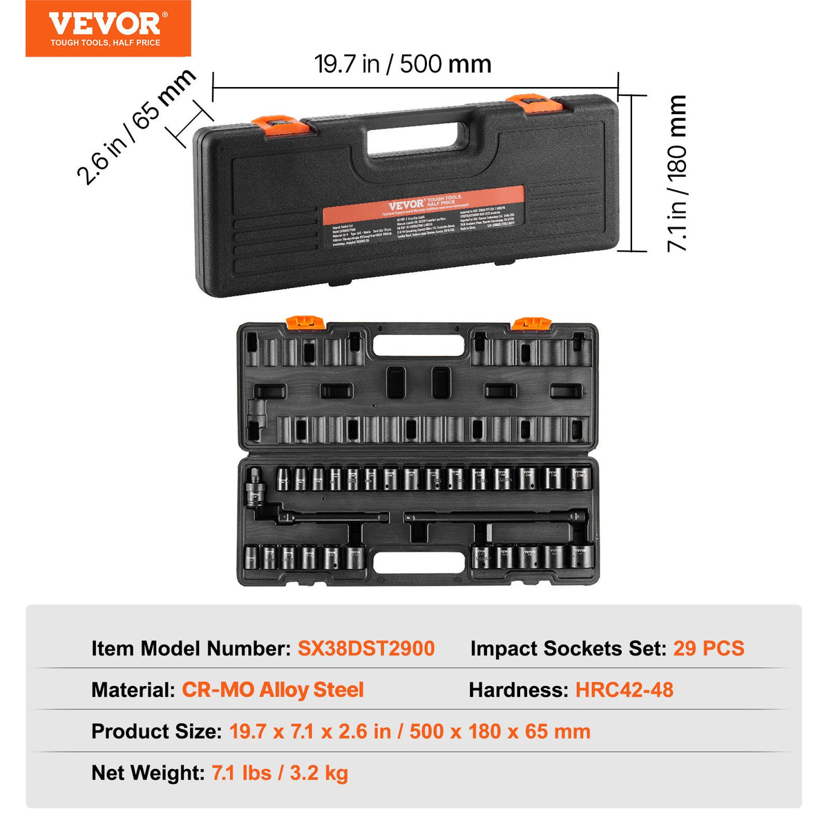 VEVOR 3/8" Drive Impact Socket Set, 29 Piece Shallow Socket Set SAE 3/8"-1" and Metric 8-22mm, 6 Point CR-V Alloy Steel for Auto Repair, Easy-to-Read Size Markings, Rugged Construction, Storage Case - CJTTZJ1CRV299EO2EV0 - view 8