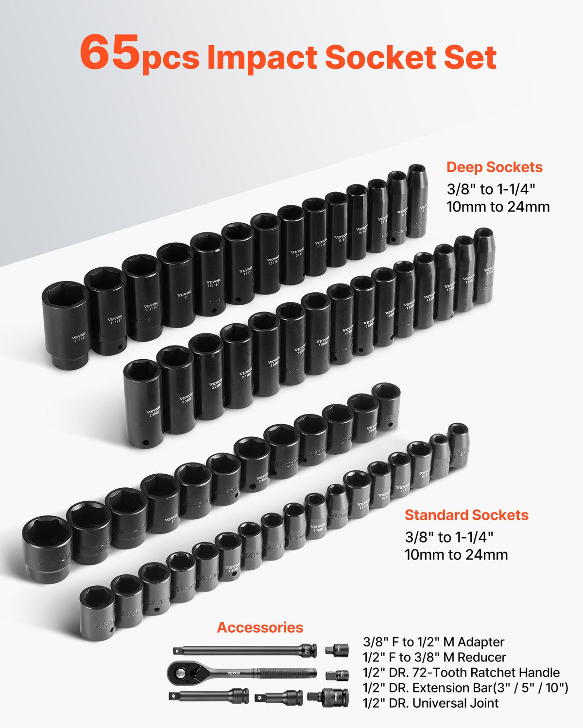 VEVOR Drive Impact Socket Set 1/2" - 65PCS Deep & Standard Socket Set SAE 3/8" to 1-1/4" and Metric 10-24mm, 6 Point CR-V & Cr-Mo Alloy Steel for Auto Repair - Easy-to-Read Size Markings, Storage Case - CJTTZJ1CRV6532FT8001V0 - view 4