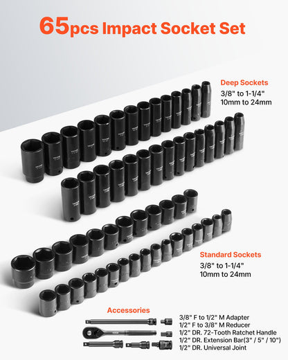 VEVOR Drive Impact Socket Set 1/2" - 65PCS Deep & Standard Socket Set SAE 3/8" to 1-1/4" and Metric 10-24mm, 6 Point CR-V & Cr-Mo Alloy Steel for Auto Repair - Easy-to-Read Size Markings, Storage Case - CJTTZJ1CRV6532FT8001V0 - view 4