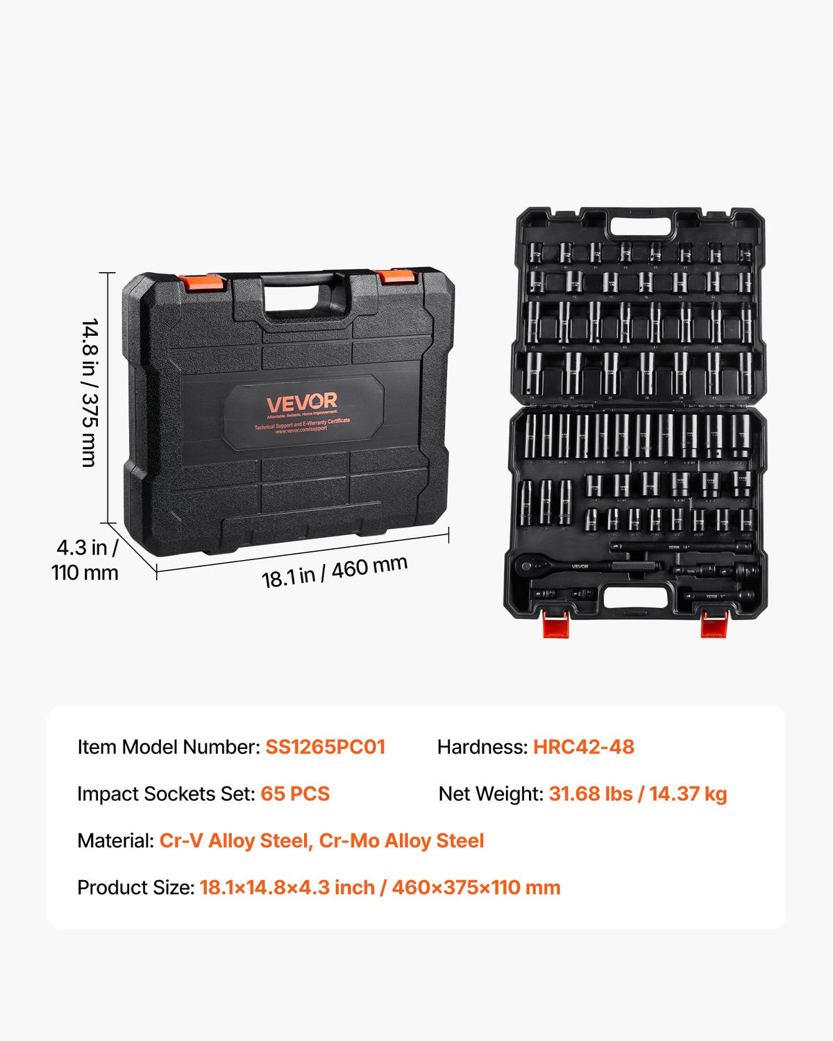VEVOR Drive Impact Socket Set 1/2" - 65PCS Deep & Standard Socket Set SAE 3/8" to 1-1/4" and Metric 10-24mm, 6 Point CR-V & Cr-Mo Alloy Steel for Auto Repair - Easy-to-Read Size Markings, Storage Case - CJTTZJ1CRV6532FT8001V0 - view 8