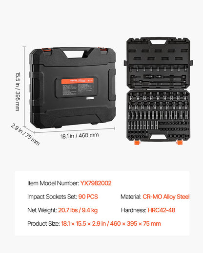 VEVOR Impact Socket Set, 3/8" Drive, 90-Piece Socket Set, 6 Point Sockets, SAE 1/4"-3/4" and Metric 6-19 mm, Easy to Identify, with Adapters, Sturdy Storage Case, Cr-Mo Alloy Steel for Vehicles Repair - CJTTZJCRMOCZ13BNL001V0 - view 8