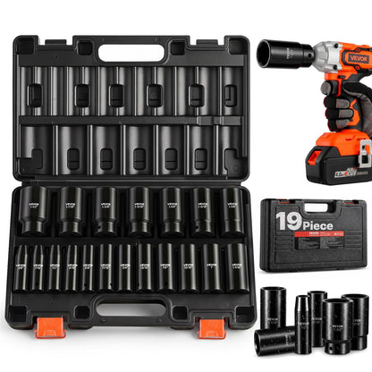 VEVOR Impact Socket Set, 1/2" 19 Piece Impact Sockets, Deep Socket, 6-Point Sockets, 1/2" Drive Set 3/8" to 1-1/2", Cr-V Rugged Construction, Easy to Identify, with a Sturdy Storage Case, for Vehicles - CJTTZJCRVCRMIZU25001V0 - view 1