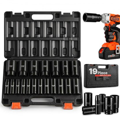 VEVOR Impact Socket Set, 1/2" 19 Piece Impact Sockets, Deep Socket, 6-Point Sockets, 1/2" Drive Set 3/8" to 1-1/2", Cr-V Rugged Construction, Easy to Identify, with a Sturdy Storage Case, for Vehicles - CJTTZJCRVCRMIZU25001V0 - view 2