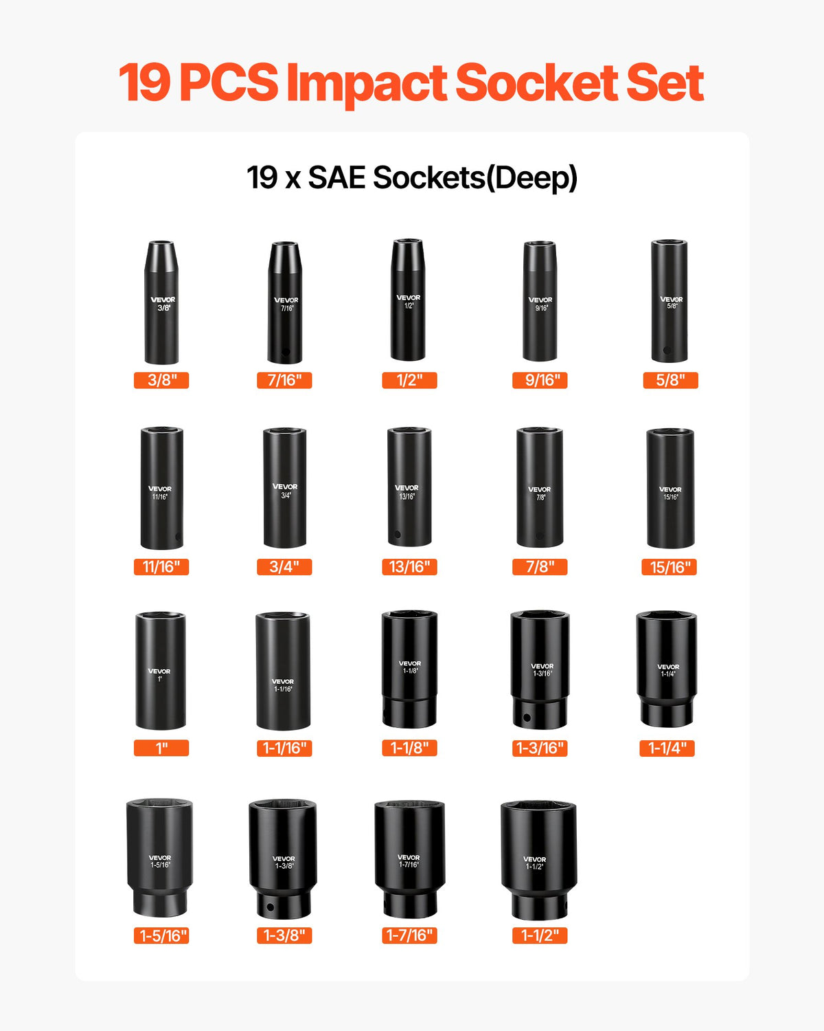 VEVOR Impact Socket Set, 1/2" 19 Piece Impact Sockets, Deep Socket, 6-Point Sockets, 1/2" Drive Set 3/8" to 1-1/2", Cr-V Rugged Construction, Easy to Identify, with a Sturdy Storage Case, for Vehicles - CJTTZJCRVCRMIZU25001V0 - view 4