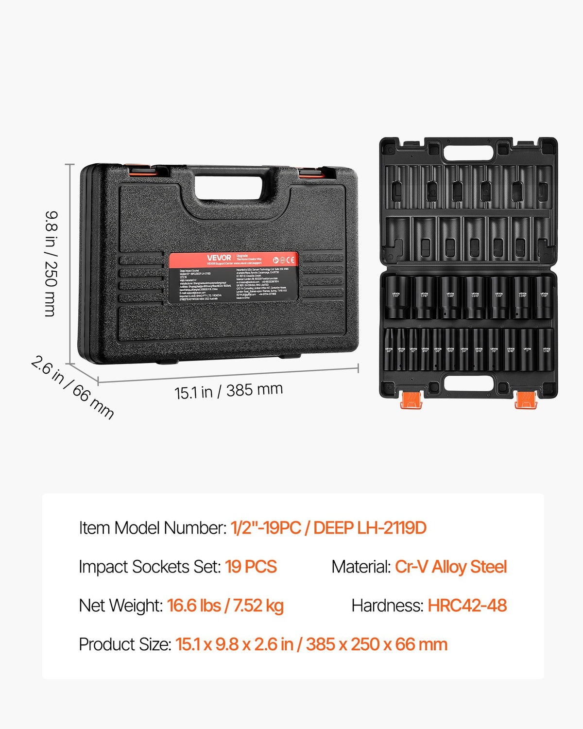 VEVOR Impact Socket Set, 1/2" 19 Piece Impact Sockets, Deep Socket, 6-Point Sockets, 1/2" Drive Set 3/8" to 1-1/2", Cr-V Rugged Construction, Easy to Identify, with a Sturdy Storage Case, for Vehicles - CJTTZJCRVCRMIZU25001V0 - view 8