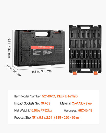 VEVOR Impact Socket Set, 1/2" 19 Piece Impact Sockets, Deep Socket, 6-Point Sockets, 1/2" Drive Set 3/8" to 1-1/2", Cr-V Rugged Construction, Easy to Identify, with a Sturdy Storage Case, for Vehicles - CJTTZJCRVCRMIZU25001V0 - view 8