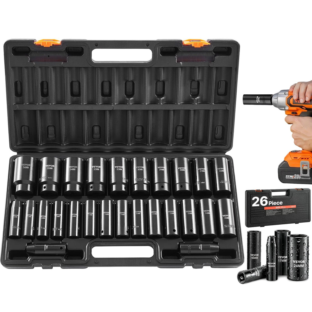 VEVOR Impact Socket Set, 1/2" Drive, 26-Piece Impact Sockets, 6-Point Sockets, Metric 10-30 mm, 32-36 mm, Easy to Identify, with a Sturdy Storage Case, Cr-V Alloy Steel Structure, for Vehicles Repair - CJTTZJCRVCZ2UU0MY001V0 - view 1