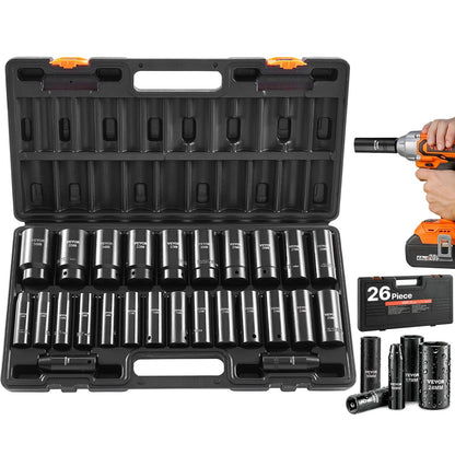 VEVOR Impact Socket Set, 1/2" Drive, 26-Piece Impact Sockets, 6-Point Sockets, Metric 10-30 mm, 32-36 mm, Easy to Identify, with a Sturdy Storage Case, Cr-V Alloy Steel Structure, for Vehicles Repair - CJTTZJCRVCZ2UU0MY001V0 - view 1
