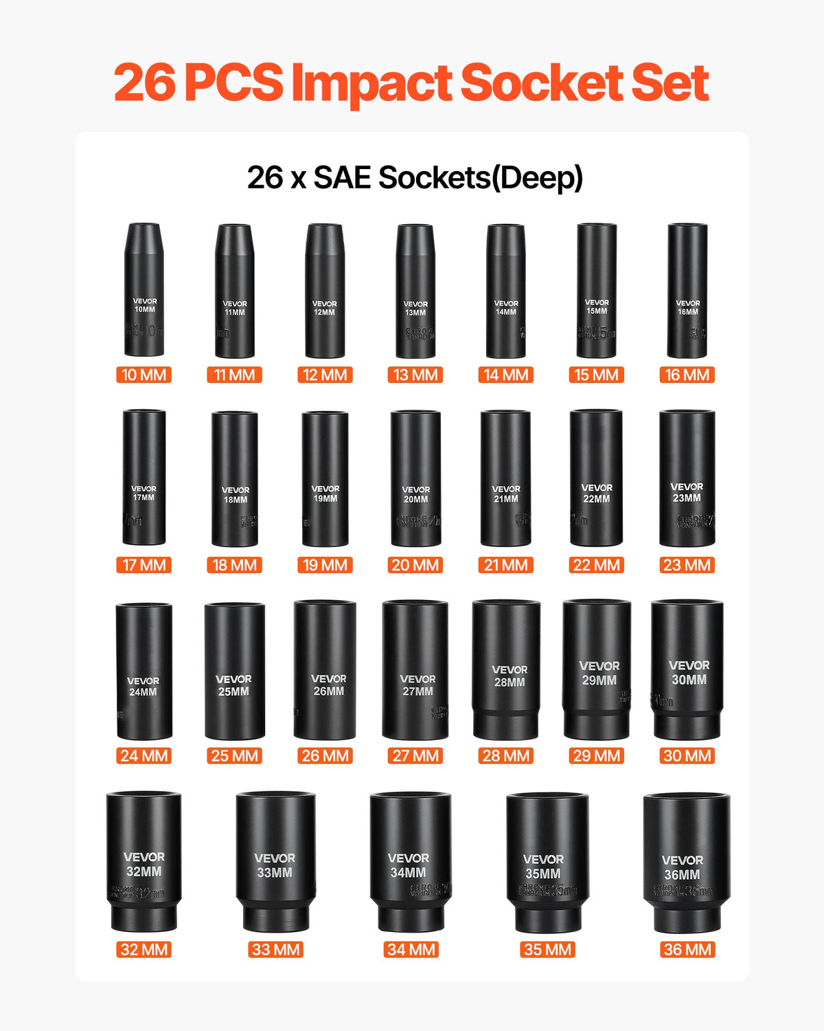 VEVOR Impact Socket Set, 1/2" Drive, 26-Piece Impact Sockets, 6-Point Sockets, Metric 10-30 mm, 32-36 mm, Easy to Identify, with a Sturdy Storage Case, Cr-V Alloy Steel Structure, for Vehicles Repair - CJTTZJCRVCZ2UU0MY001V0 - view 4