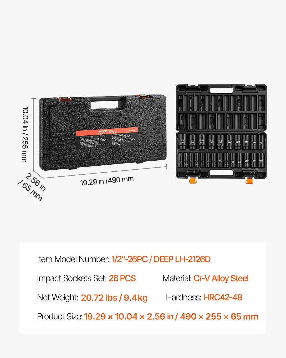 VEVOR Impact Socket Set, 1/2" Drive, 26-Piece Impact Sockets, 6-Point Sockets, Metric 10-30 mm, 32-36 mm, Easy to Identify, with a Sturdy Storage Case, Cr-V Alloy Steel Structure, for Vehicles Repair - CJTTZJCRVCZ2UU0MY001V0 - view 8