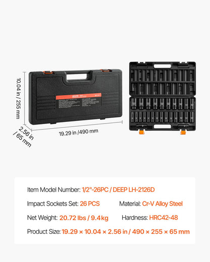 VEVOR Impact Socket Set, 1/2" Drive, 26-Piece Impact Sockets, 6-Point Sockets, Metric 10-30 mm, 32-36 mm, Easy to Identify, with a Sturdy Storage Case, Cr-V Alloy Steel Structure, for Vehicles Repair - CJTTZJCRVCZ2UU0MY001V0 - view 8