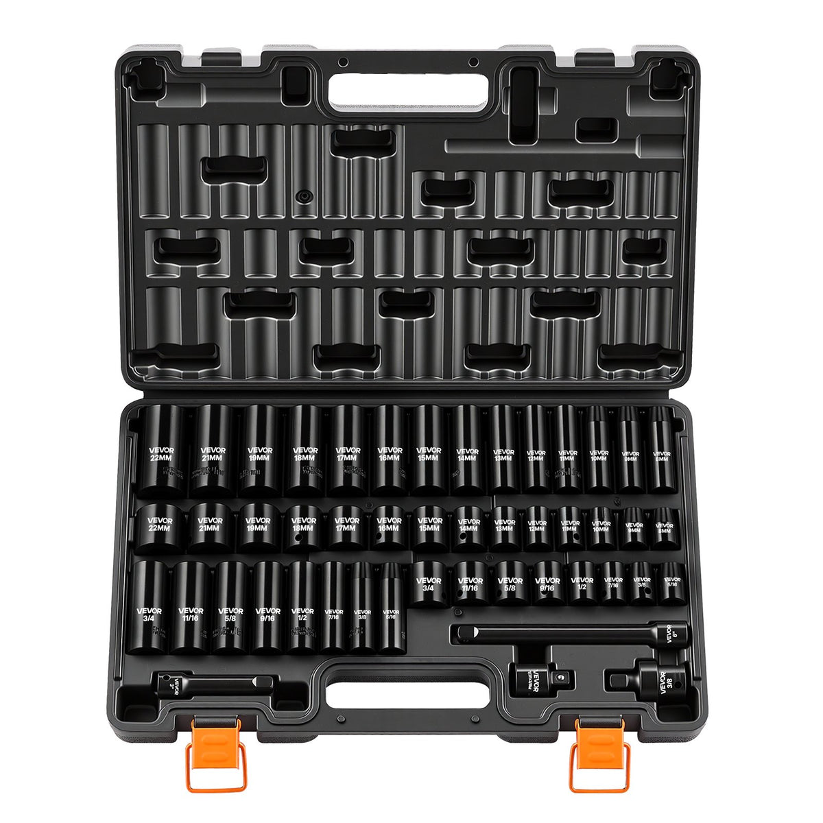 VEVOR Impact Socket Set, 3/8" Drive, 48-Piece Socket Set, 6-Point Sockets, SAE 5/16"-3/4" and Metric 8-19 mm, 21-22 mm, Easy to Identify, Cr-V Alloy Steel, Extension Bar, Adapter and Storage Cage - CJTTZJCRVCZ4AOHC5001V0 - view 1