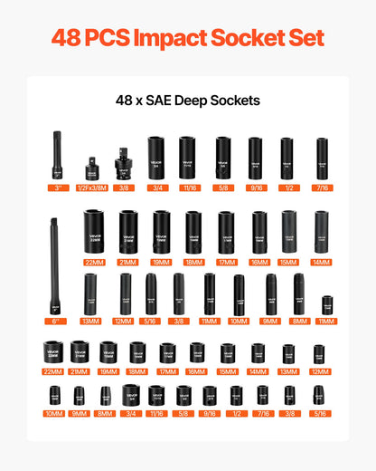 VEVOR Impact Socket Set, 3/8" Drive, 48-Piece Socket Set, 6-Point Sockets, SAE 5/16"-3/4" and Metric 8-19 mm, 21-22 mm, Easy to Identify, Cr-V Alloy Steel, Extension Bar, Adapter and Storage Cage - CJTTZJCRVCZ4AOHC5001V0 - view 4