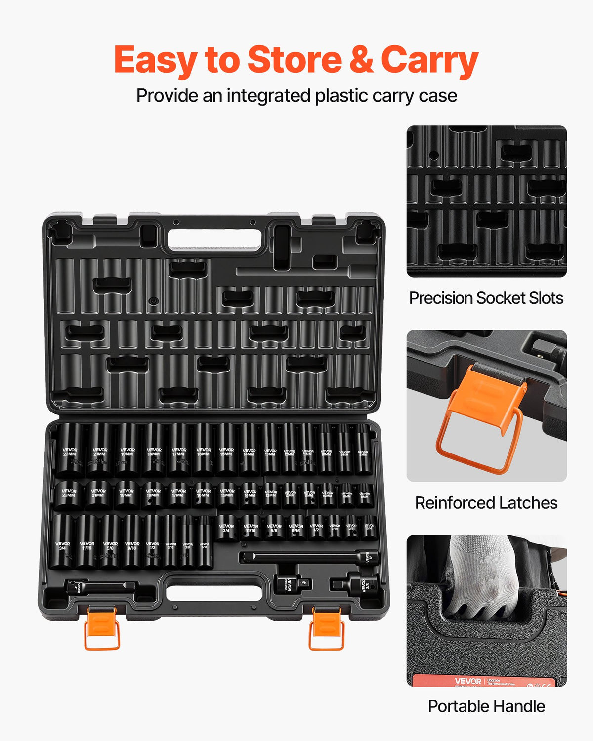 VEVOR Impact Socket Set, 3/8" Drive, 48-Piece Socket Set, 6-Point Sockets, SAE 5/16"-3/4" and Metric 8-19 mm, 21-22 mm, Easy to Identify, Cr-V Alloy Steel, Extension Bar, Adapter and Storage Cage - CJTTZJCRVCZ4AOHC5001V0 - view 7