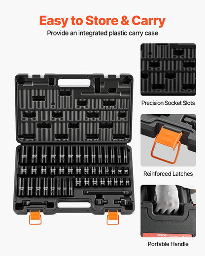 VEVOR Impact Socket Set, 3/8" Drive, 48-Piece Socket Set, 6-Point Sockets, SAE 5/16"-3/4" and Metric 8-19 mm, 21-22 mm, Easy to Identify, Cr-V Alloy Steel, Extension Bar, Adapter and Storage Cage - CJTTZJCRVCZ4AOHC5001V0 - view 7