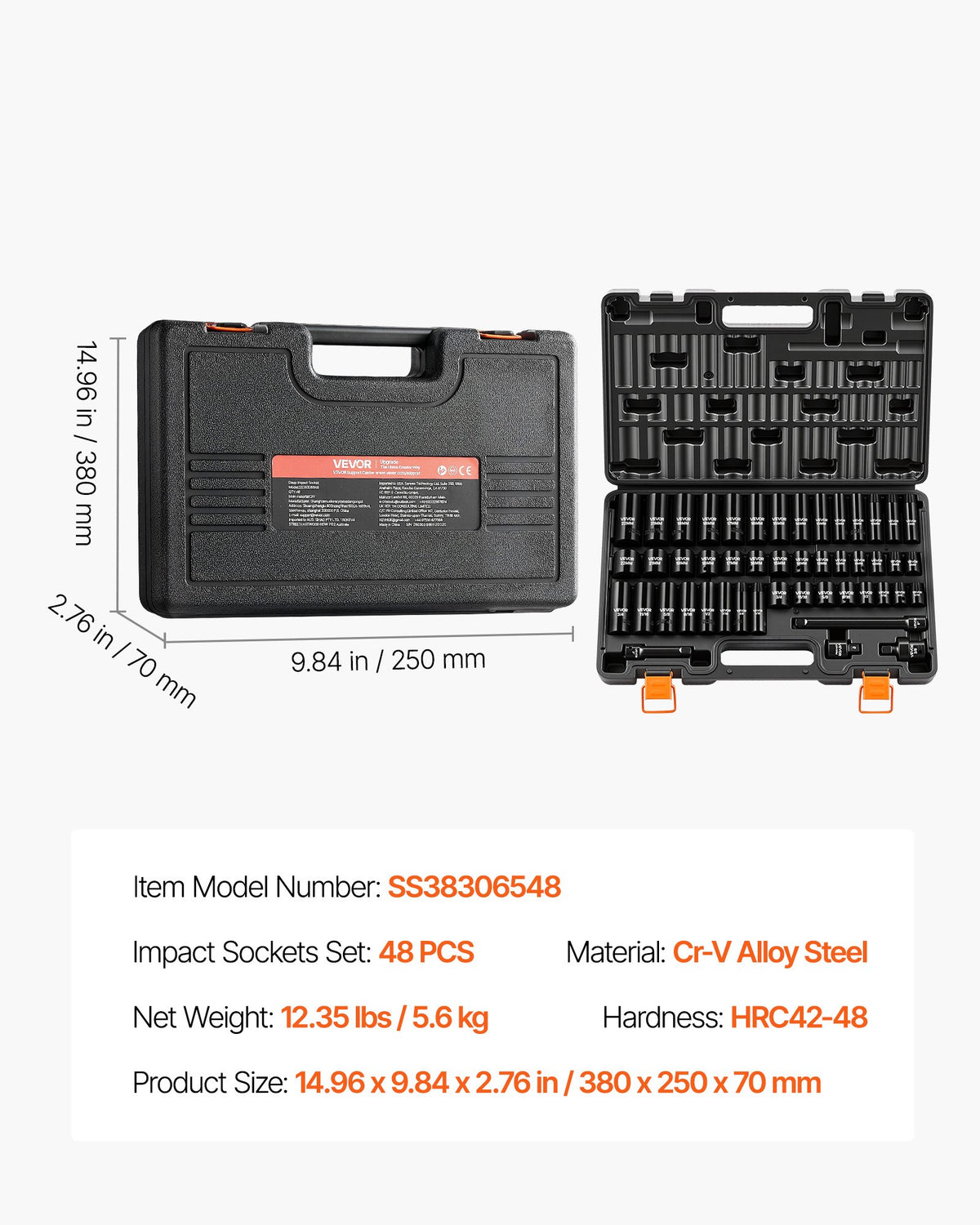 VEVOR Impact Socket Set, 3/8" Drive, 48-Piece Socket Set, 6-Point Sockets, SAE 5/16"-3/4" and Metric 8-19 mm, 21-22 mm, Easy to Identify, Cr-V Alloy Steel, Extension Bar, Adapter and Storage Cage - CJTTZJCRVCZ4AOHC5001V0 - view 8