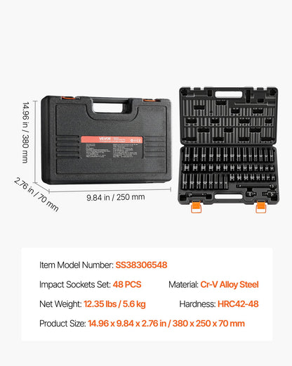 VEVOR Impact Socket Set, 3/8" Drive, 48-Piece Socket Set, 6-Point Sockets, SAE 5/16"-3/4" and Metric 8-19 mm, 21-22 mm, Easy to Identify, Cr-V Alloy Steel, Extension Bar, Adapter and Storage Cage - CJTTZJCRVCZ4AOHC5001V0 - view 8