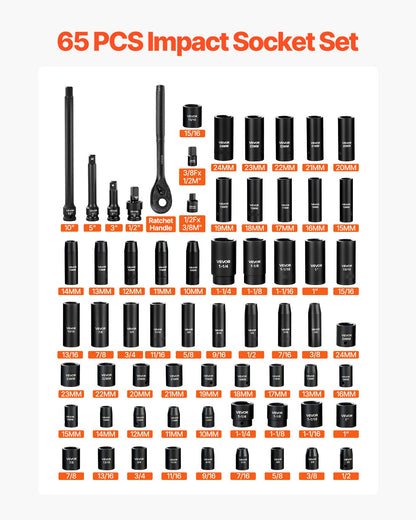 VEVOR Impact Socket Set, 1/2" Drive, 65-Piece Socket Set, 6 Point Sockets, SAE 3/8" to 1-1/4" and Metric 10-24 mm, Easy to Identify, with a Sturdy Storage Case, Cr-V Alloy Steel for Vehicles Repair - CJTTZJCRVCZ6B8N49001V0 - view 4