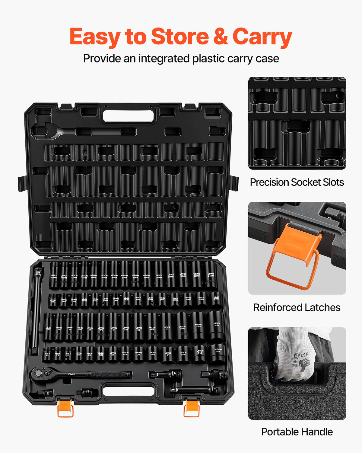 VEVOR Impact Socket Set, 1/2" Drive, 65-Piece Socket Set, 6 Point Sockets, SAE 3/8" to 1-1/4" and Metric 10-24 mm, Easy to Identify, with a Sturdy Storage Case, Cr-V Alloy Steel for Vehicles Repair - CJTTZJCRVCZ6B8N49001V0 - view 7