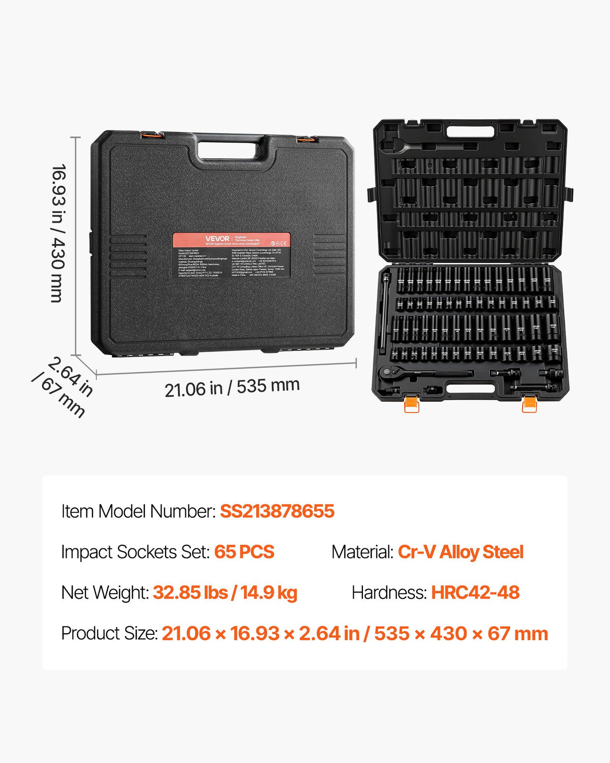 VEVOR Impact Socket Set, 1/2" Drive, 65-Piece Socket Set, 6 Point Sockets, SAE 3/8" to 1-1/4" and Metric 10-24 mm, Easy to Identify, with a Sturdy Storage Case, Cr-V Alloy Steel for Vehicles Repair - CJTTZJCRVCZ6B8N49001V0 - view 8
