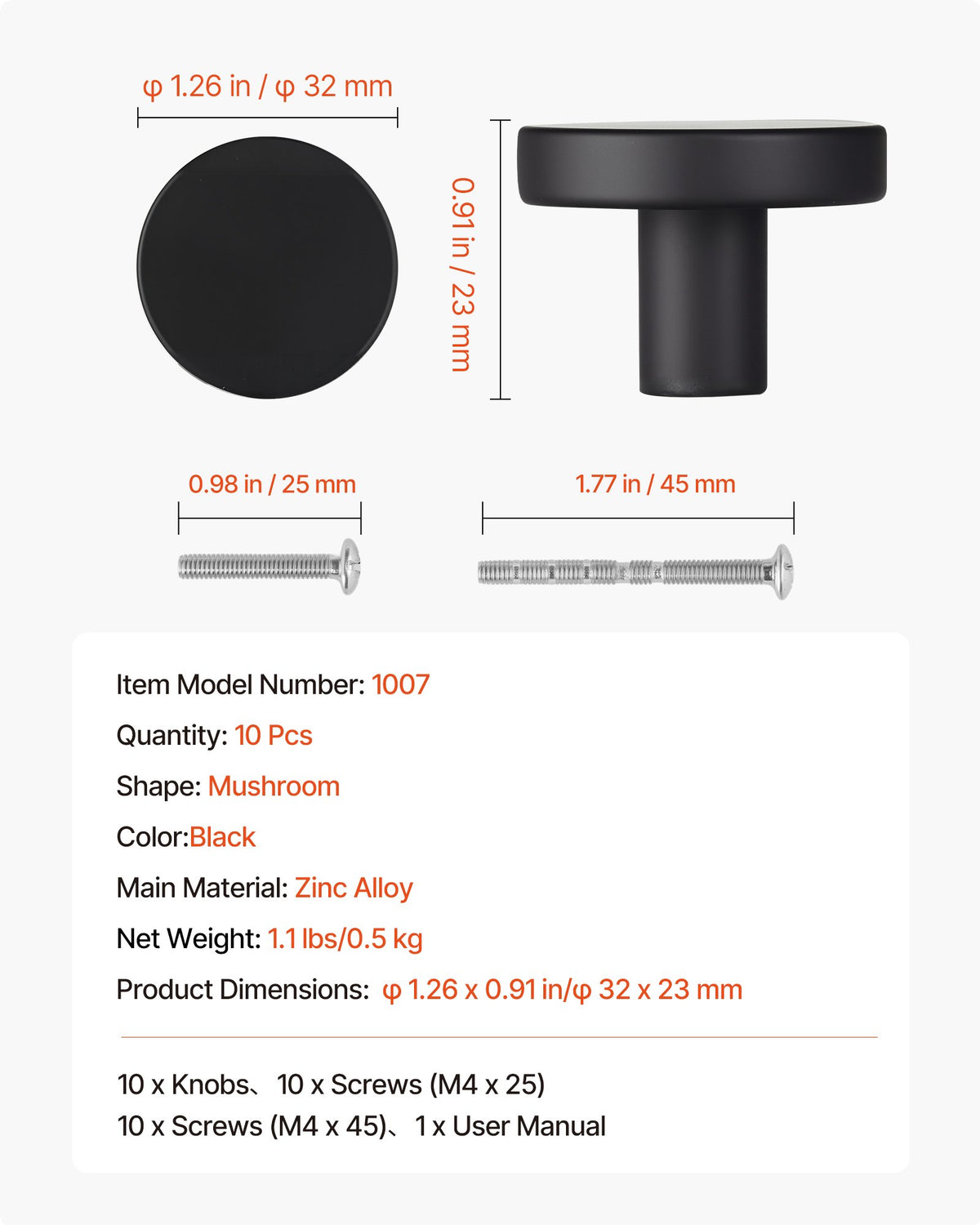 VEVOR Cabinet Knobs, 10 Pack, 1.26 Inch Black Zinc Alloy Drawer Pulls & Door Handles, Mushroom Kitchen Solid Knobs Dresser Handles, Cupboard Hardware with Screws for Bathroom Closet Cabinets Drawers - CJXNJDMGT10PE6O7J001V0 - view 8