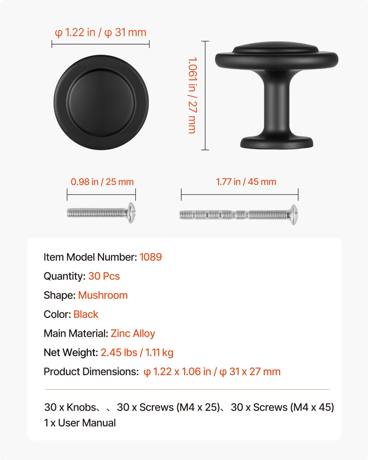 VEVOR Cabinet Knobs, 30 Pack, 1.22 Inch Black Zinc Alloy Drawer Pulls & Door Handles, Mushroom Kitchen Solid Knobs Dresser Handles, Cupboard Hardware with Screws for Bathroom Closet Cabinets Drawers - CJXNJDMGT30PK8WBN001V0 - view 8