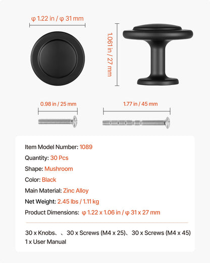 VEVOR Cabinet Knobs, 30 Pack, 1.22 Inch Black Zinc Alloy Drawer Pulls & Door Handles, Mushroom Kitchen Solid Knobs Dresser Handles, Cupboard Hardware with Screws for Bathroom Closet Cabinets Drawers - CJXNJDMGT30PK8WBN001V0 - view 8