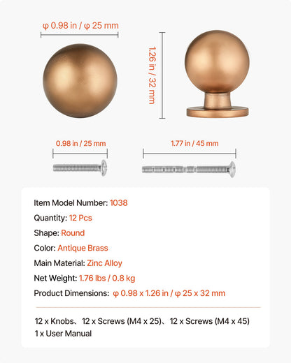 VEVOR Cabinet Knobs, 12 Pack, 0.98 Inch Zinc Alloy Drawer Pulls Door Handles, Round Kitchen Dresser Solid Knobs Cupboard Hardware with Screws for Bathroom Closet Cabinets Drawers, Antique Brass Color - CJXNYQ12PCS0E1OAF001V0 - view 8