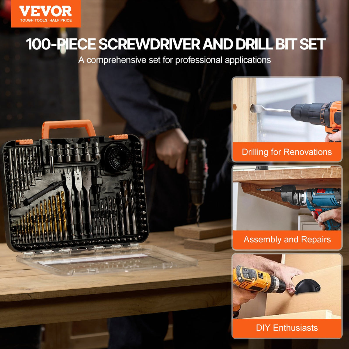 VEVOR Drill Bit Set, 100 Pieces Drill and Driver Bit Set, Screwdriver Bit Set Suitable for Wood Metal Cement Drilling and Screw Driving, Drill Bit Sets Combo Kit Assorted in Organized Carrying Case - CJZHQZTZ111PAG8NYV0 - view 3
