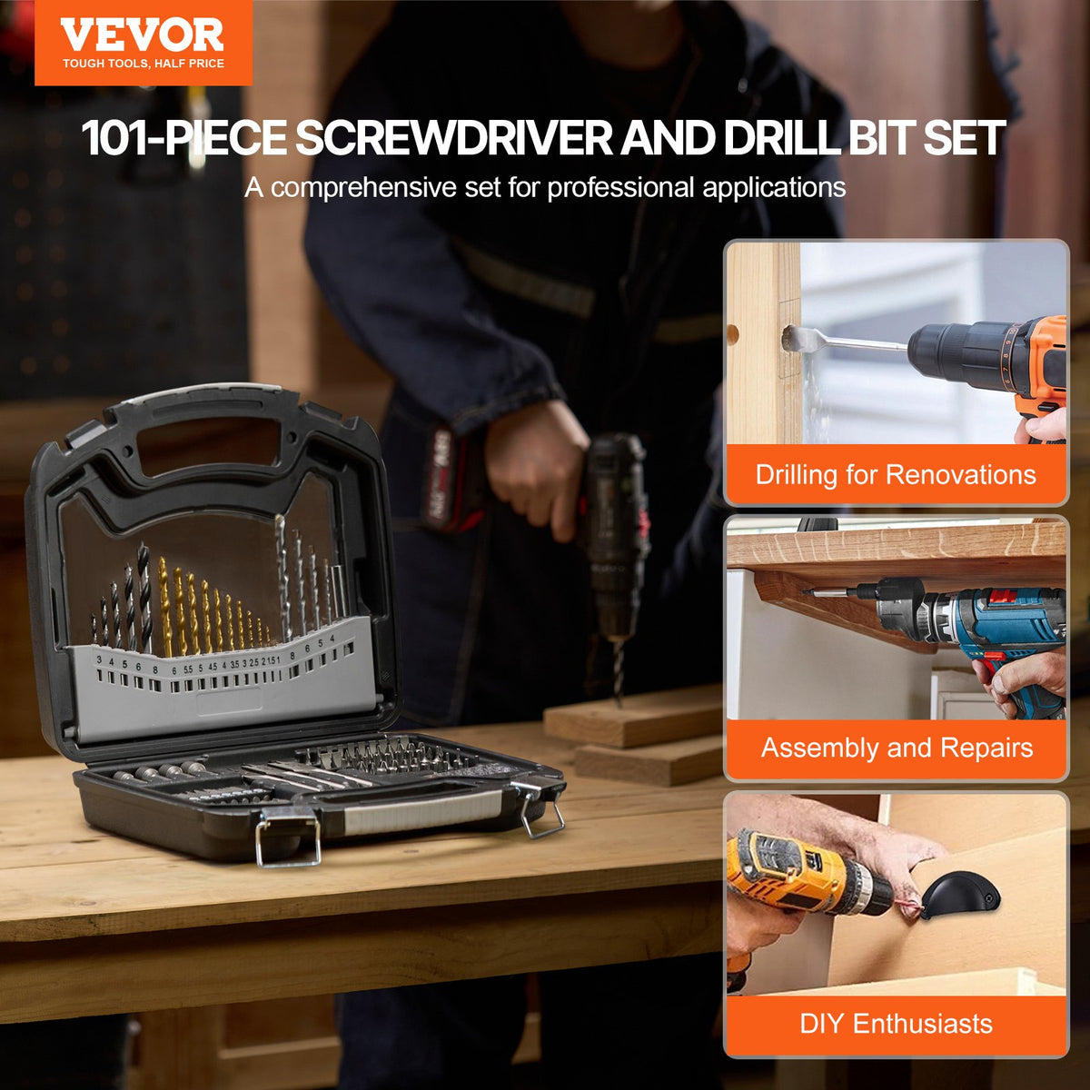 VEVOR Drill Bit Set, 101 Pieces Drill and Driver Bit Set, Screwdriver Bit Set Suitable for Wood Metal Cement Drilling and Screw Driving, Drill Bit Sets Combo Kit Assorted in Organized Carrying Case - CJZHQZTZ112P5AA14V0 - view 3