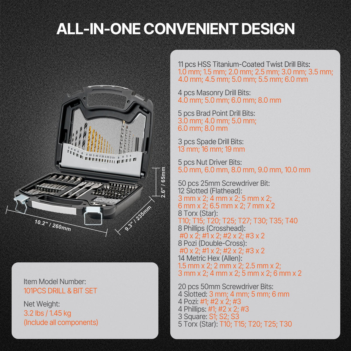 VEVOR Drill Bit Set, 101 Pieces Drill and Driver Bit Set, Screwdriver Bit Set Suitable for Wood Metal Cement Drilling and Screw Driving, Drill Bit Sets Combo Kit Assorted in Organized Carrying Case - CJZHQZTZ112P5AA14V0 - view 8