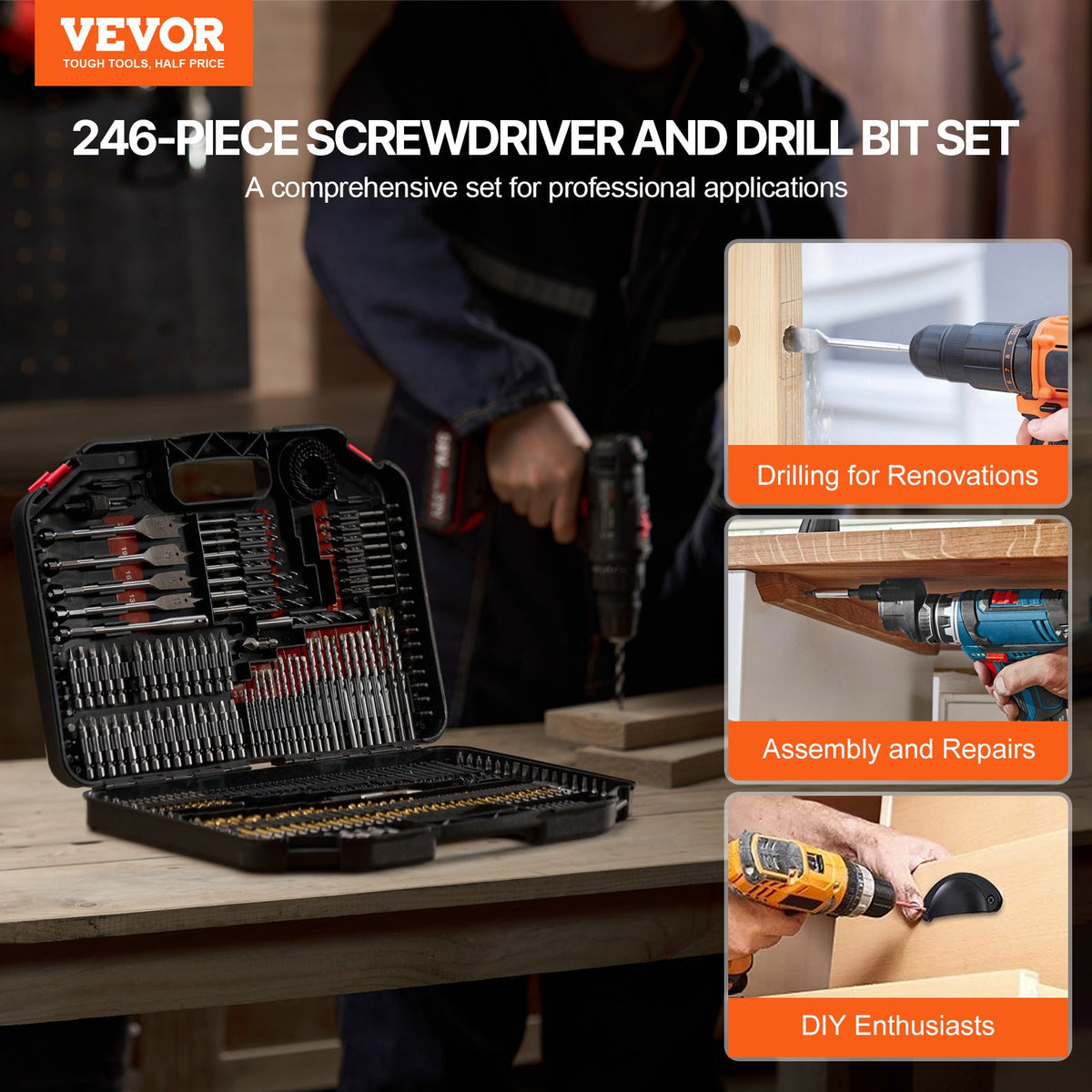 VEVOR Drill Bit Set, 246 Pieces Drill and Driver Bit Set, Screwdriver Bit Set Suitable for Wood Metal Cement Drilling and Screw Driving, Drill Bit Sets Combo Kit Assorted in Organized Carrying Case - CJZHQZTZ246PK9I75V0 - view 3