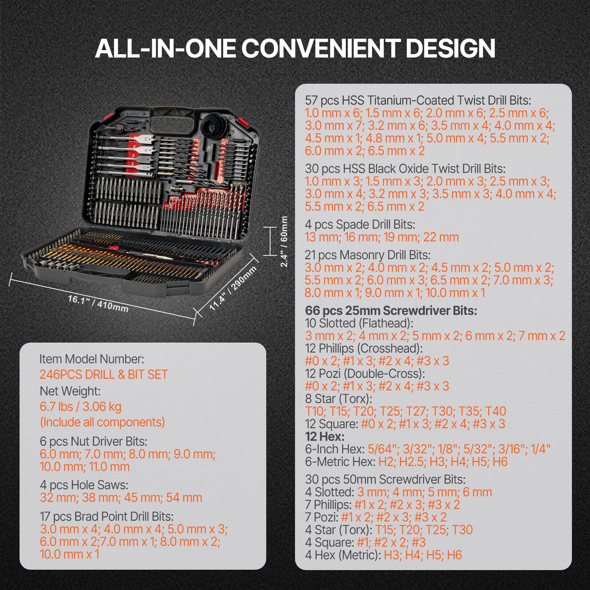 VEVOR Drill Bit Set, 246 Pieces Drill and Driver Bit Set, Screwdriver Bit Set Suitable for Wood Metal Cement Drilling and Screw Driving, Drill Bit Sets Combo Kit Assorted in Organized Carrying Case - CJZHQZTZ246PK9I75V0 - view 8