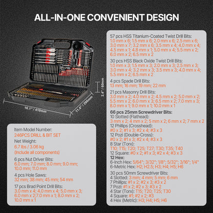 VEVOR Drill Bit Set, 246 Pieces Drill and Driver Bit Set, Screwdriver Bit Set Suitable for Wood Metal Cement Drilling and Screw Driving, Drill Bit Sets Combo Kit Assorted in Organized Carrying Case - CJZHQZTZ246PK9I75V0 - view 8