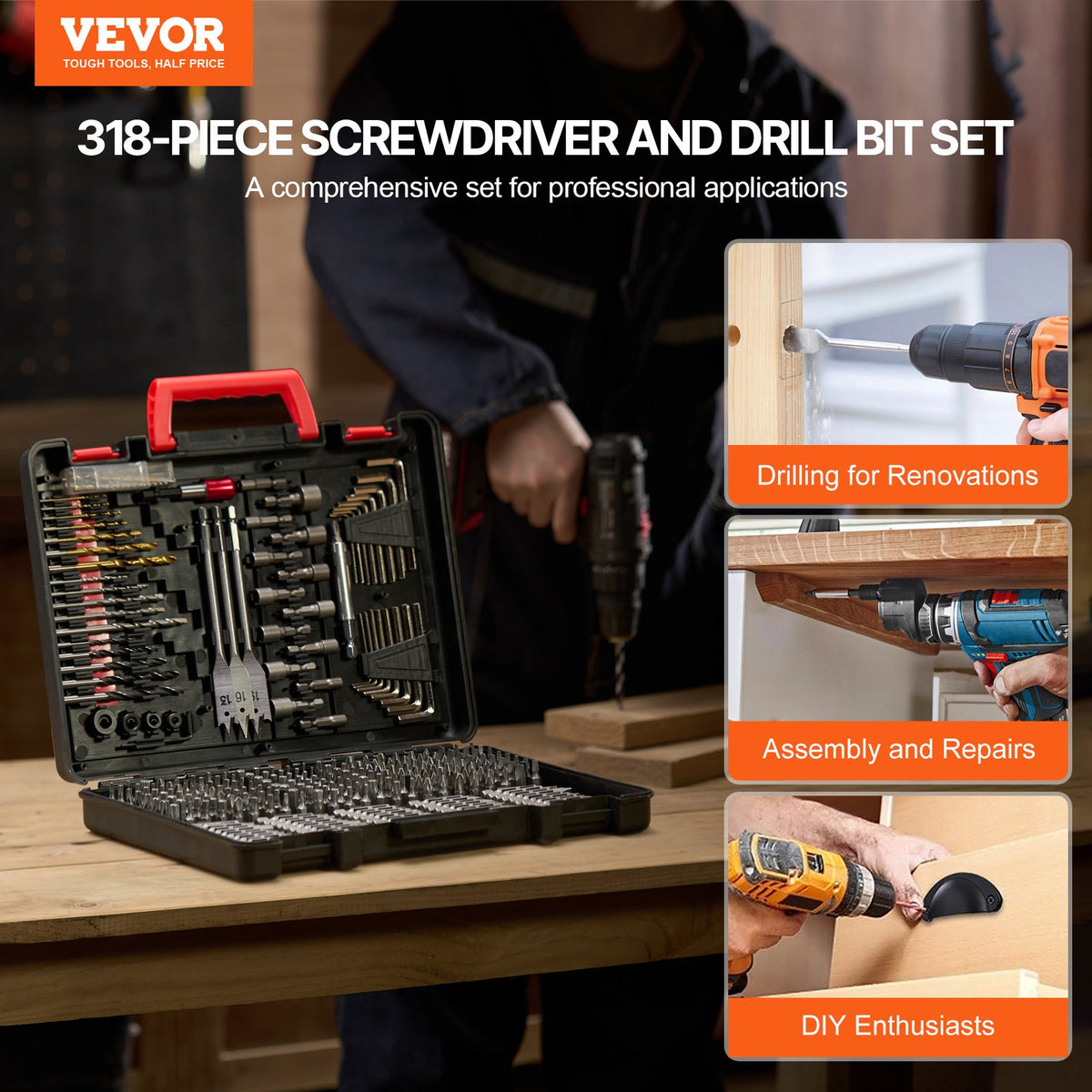 VEVOR Drill Bit Set, 318 Pieces Drill and Driver Bit Set, Screwdriver Bit Set Suitable for Wood Metal Cement Drilling and Screw Driving, Drill Bit Sets Combo Kit Assorted in Organized Carrying Case - CJZHQZTZ300PEZ4SBV0 - view 3