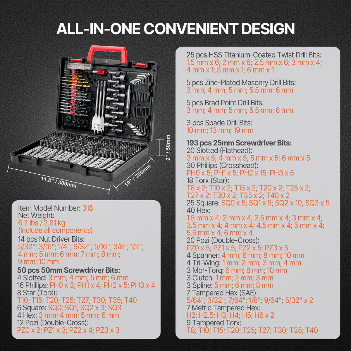 VEVOR Drill Bit Set, 318 Pieces Drill and Driver Bit Set, Screwdriver Bit Set Suitable for Wood Metal Cement Drilling and Screw Driving, Drill Bit Sets Combo Kit Assorted in Organized Carrying Case - CJZHQZTZ300PEZ4SBV0 - view 8