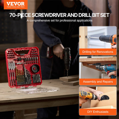 VEVOR Drill Bit Set, 70 Pieces Drill and Driver Bit Set, Screwdriver Bit Set Suitable for Wood Metal Cement Drilling and Screw Driving, Drill Bit Sets Combo Kit Assorted in Organized Carrying Case - CJZHQZTZ63PC9M2FJV0 - view 3