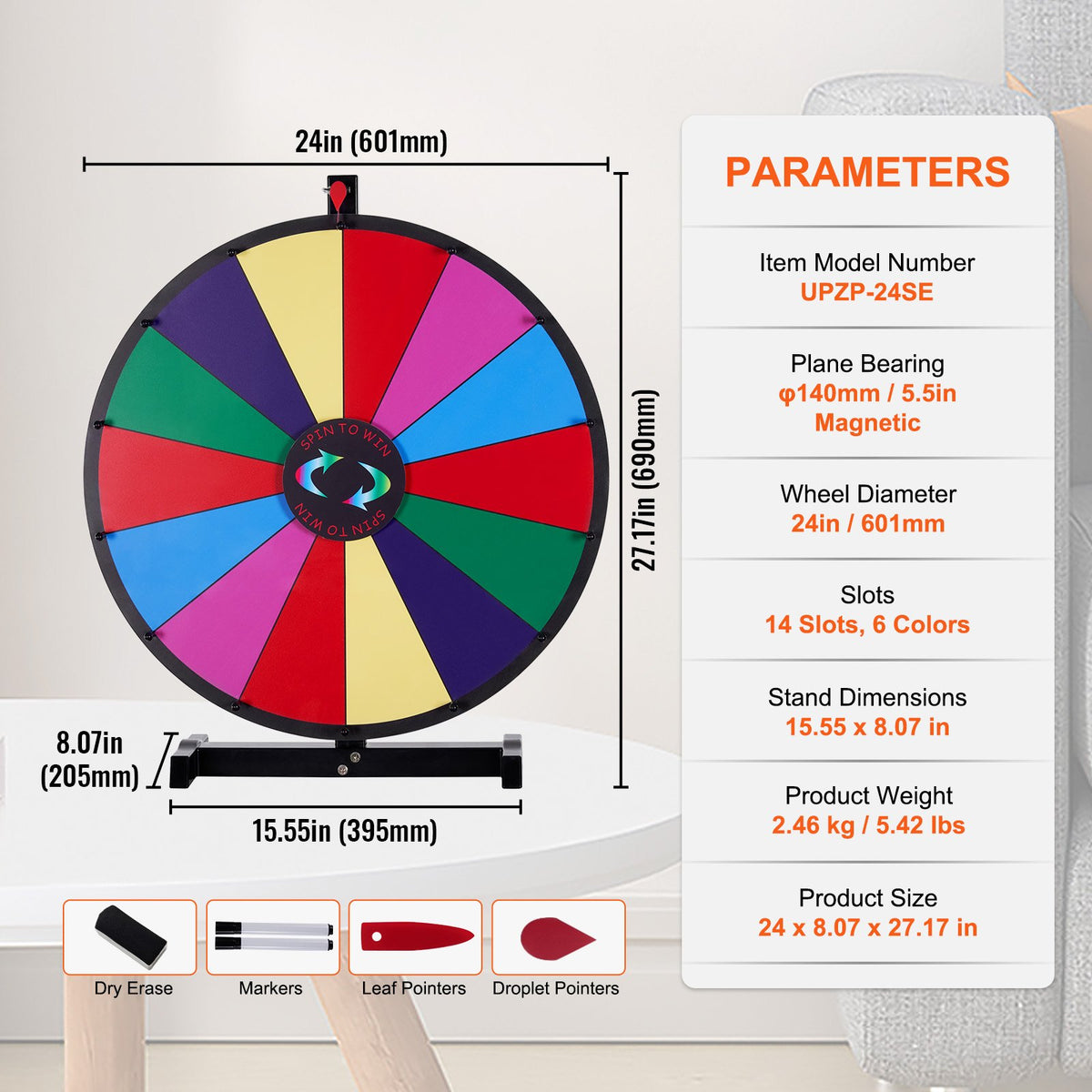 VEVOR 24 inch Spinning Prize Wheel, 14 Slots Tabletop Spinner, Heavy Duty Roulette Wheel with a Dry Erase and 2 Markers, Win Fortune Spin Games in Party Pub Trade Show Carnival - CJZLJP24YCGD8WSCVV0 - view 8