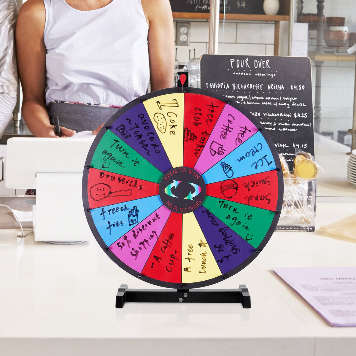 VEVOR 24 inch Spinning Prize Wheel, 14 Slots Tabletop Spinner, Heavy Duty Roulette Wheel with a Dry Erase and 2 Markers, Win Fortune Spin Games in Party Pub Trade Show Carnival - CJZLJP24YCGD8WSCVV0 - view 9