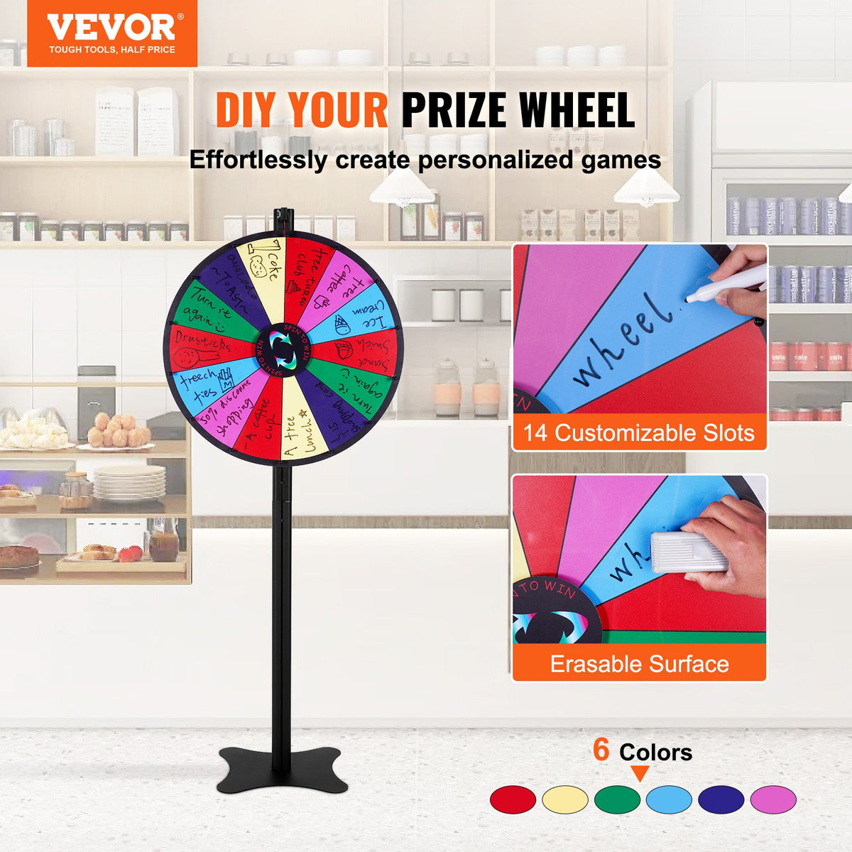 VEVOR 24 inch Spinning Prize Wheel, 14 Slots Spinning Wheel, Roulette Wheel with a Dry Erase and 2 Markers, Tabletop or Floor Standing Win Fortune Spin Games in Party Pub Trade Show Carnival - CJZLJP24YCLDOLAIQV0 - view 3