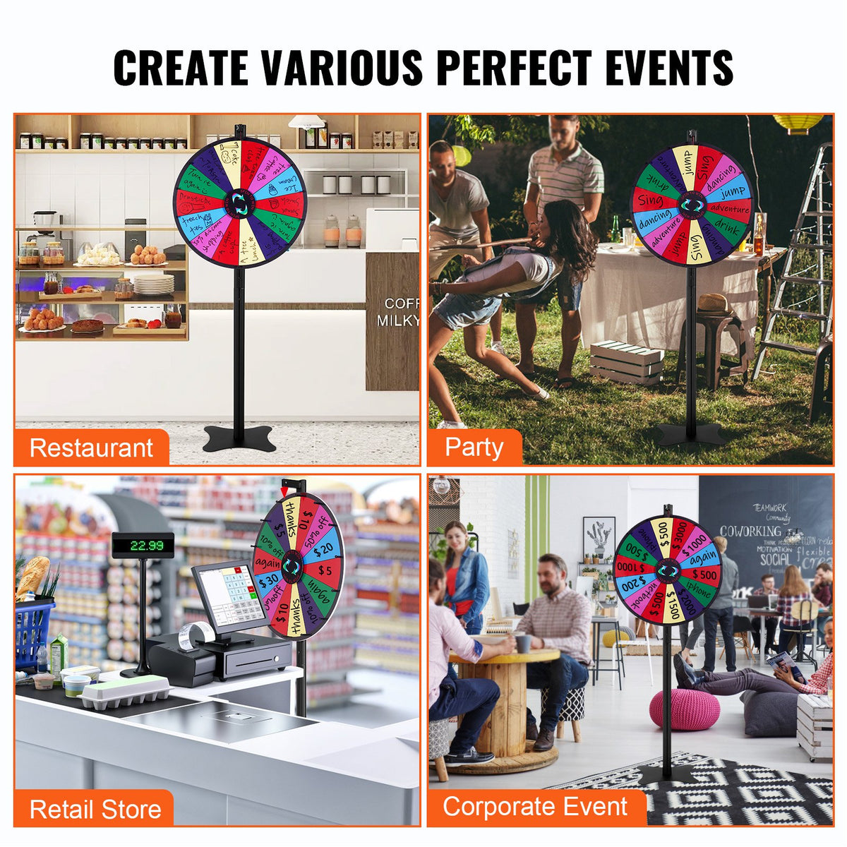 VEVOR 24 inch Spinning Prize Wheel, 14 Slots Spinning Wheel, Roulette Wheel with a Dry Erase and 2 Markers, Tabletop or Floor Standing Win Fortune Spin Games in Party Pub Trade Show Carnival - CJZLJP24YCLDOLAIQV0 - view 7