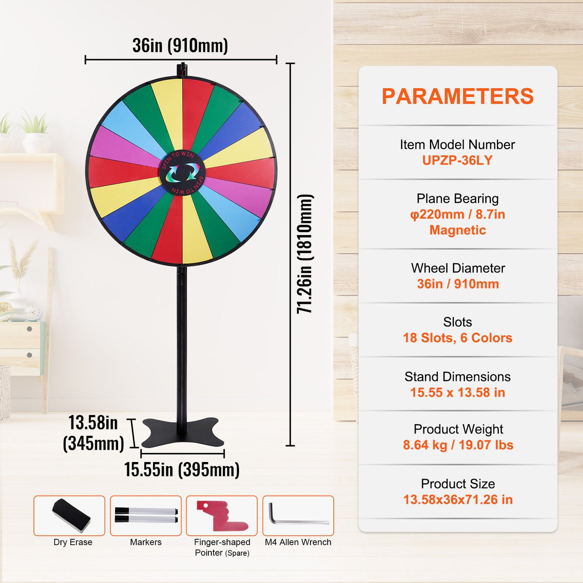 VEVOR 36 inch Spinning Prize Wheel, 18 Slots Spinning Wheel, Roulette Wheel with a Dry Erase and 2 Markers, Tabletop or Floor Standing Win Fortune Spin Games in Party Pub Trade Show Carnival - CJZLJP36YCLD348OOV0 - view 8