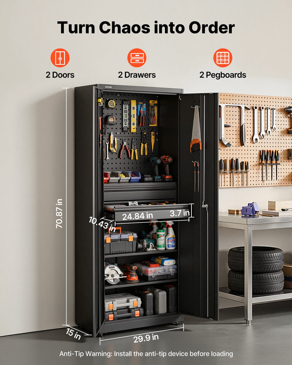 VEVOR Metal Storage Cabinet, 180 lbs Shelf Load Capacity, 70.87" Tall Garage Tool Storage Cabinet with 2 Locking Doors, Adjustable Shelves, 2 Drawers, Pegboard, for Garage, Home, Office, Utility Room - CKCWJGJDCTNCWGRS9001V0 - view 3