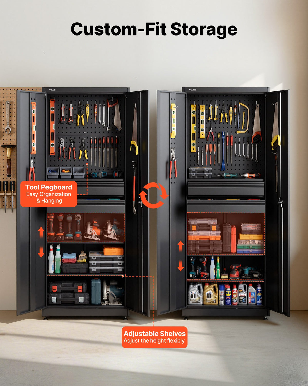 VEVOR Metal Storage Cabinet, 180 lbs Shelf Load Capacity, 70.87" Tall Garage Tool Storage Cabinet with 2 Locking Doors, Adjustable Shelves, 2 Drawers, Pegboard, for Garage, Home, Office, Utility Room - CKCWJGJDCTNCWGRS9001V0 - view 4