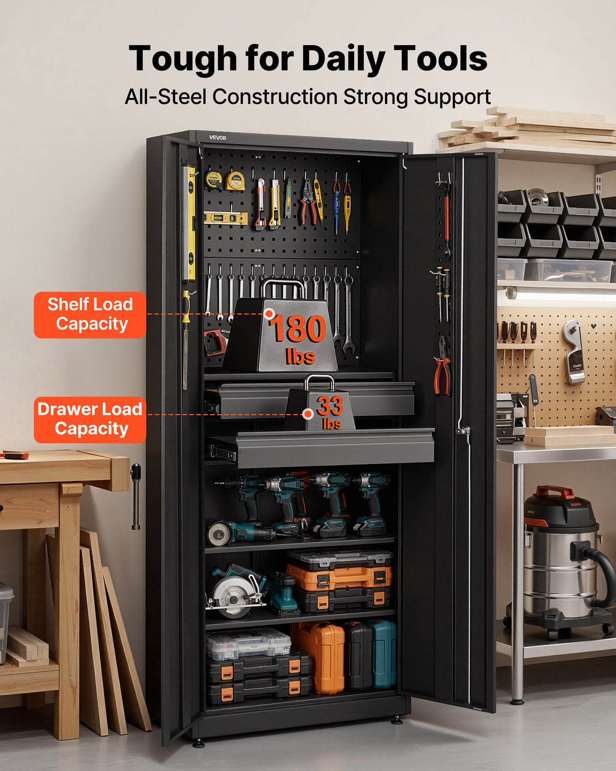 VEVOR Metal Storage Cabinet, 180 lbs Shelf Load Capacity, 70.87" Tall Garage Tool Storage Cabinet with 2 Locking Doors, Adjustable Shelves, 2 Drawers, Pegboard, for Garage, Home, Office, Utility Room - CKCWJGJDCTNCWGRS9001V0 - view 5