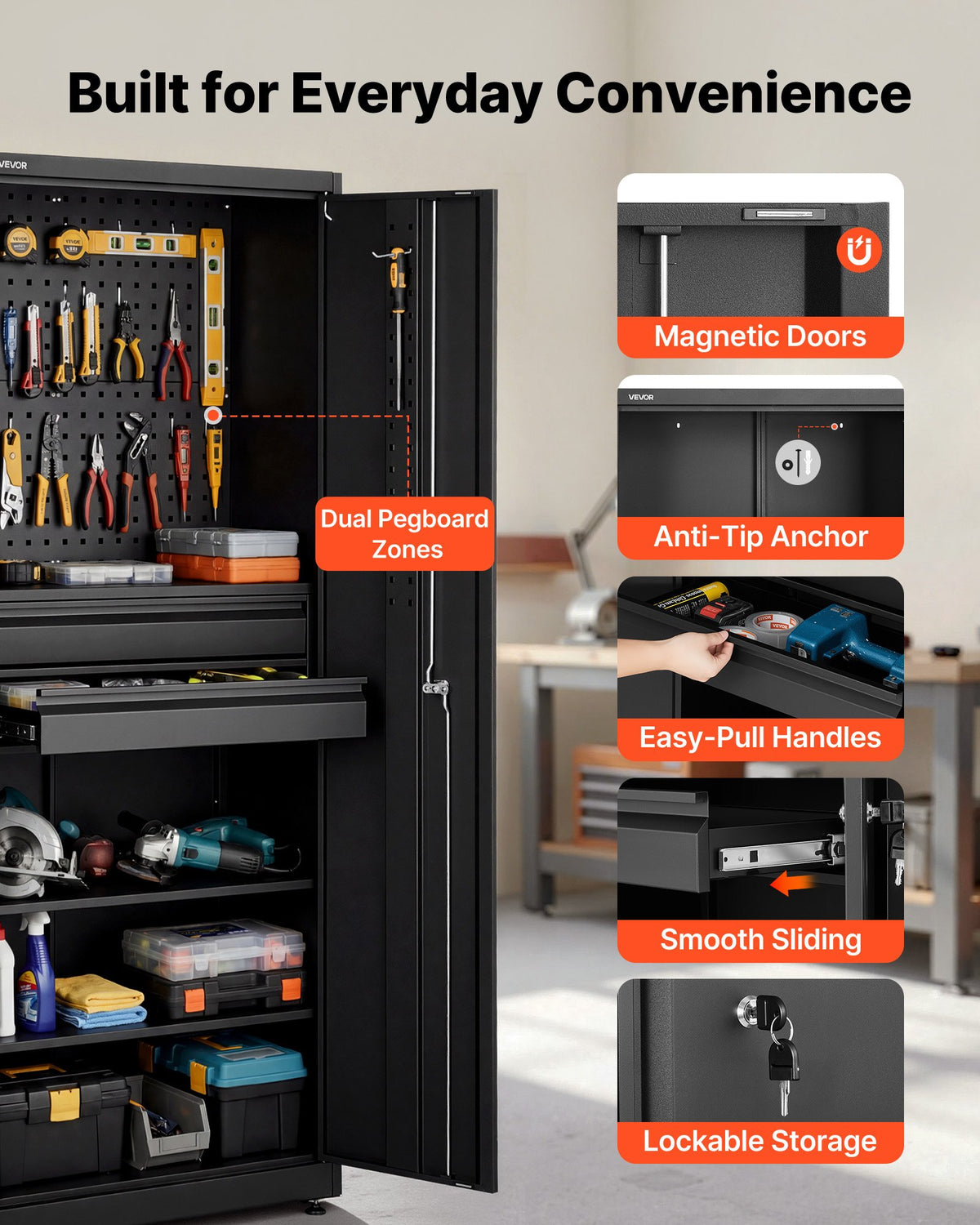 VEVOR Metal Storage Cabinet, 180 lbs Shelf Load Capacity, 70.87" Tall Garage Tool Storage Cabinet with 2 Locking Doors, Adjustable Shelves, 2 Drawers, Pegboard, for Garage, Home, Office, Utility Room - CKCWJGJDCTNCWGRS9001V0 - view 6