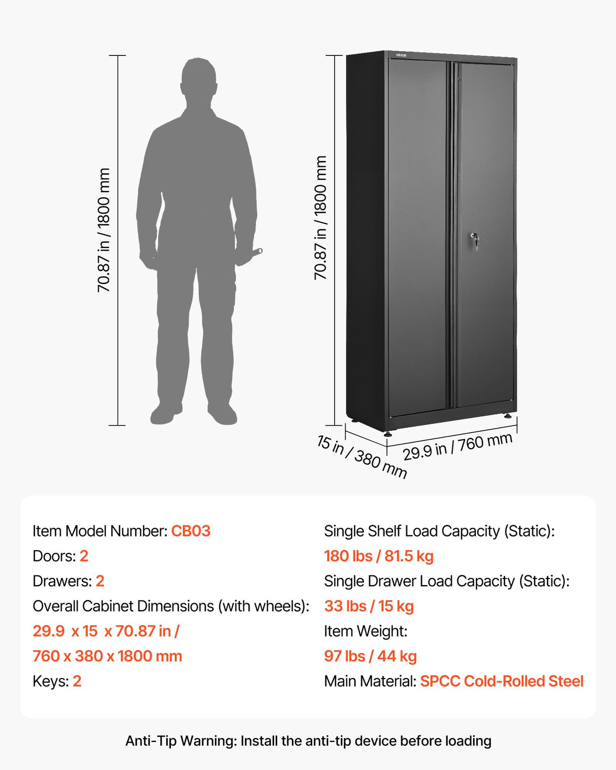 VEVOR Metal Storage Cabinet, 180 lbs Shelf Load Capacity, 70.87" Tall Garage Tool Storage Cabinet with 2 Locking Doors, Adjustable Shelves, 2 Drawers, Pegboard, for Garage, Home, Office, Utility Room - CKCWJGJDCTNCWGRS9001V0 - view 8