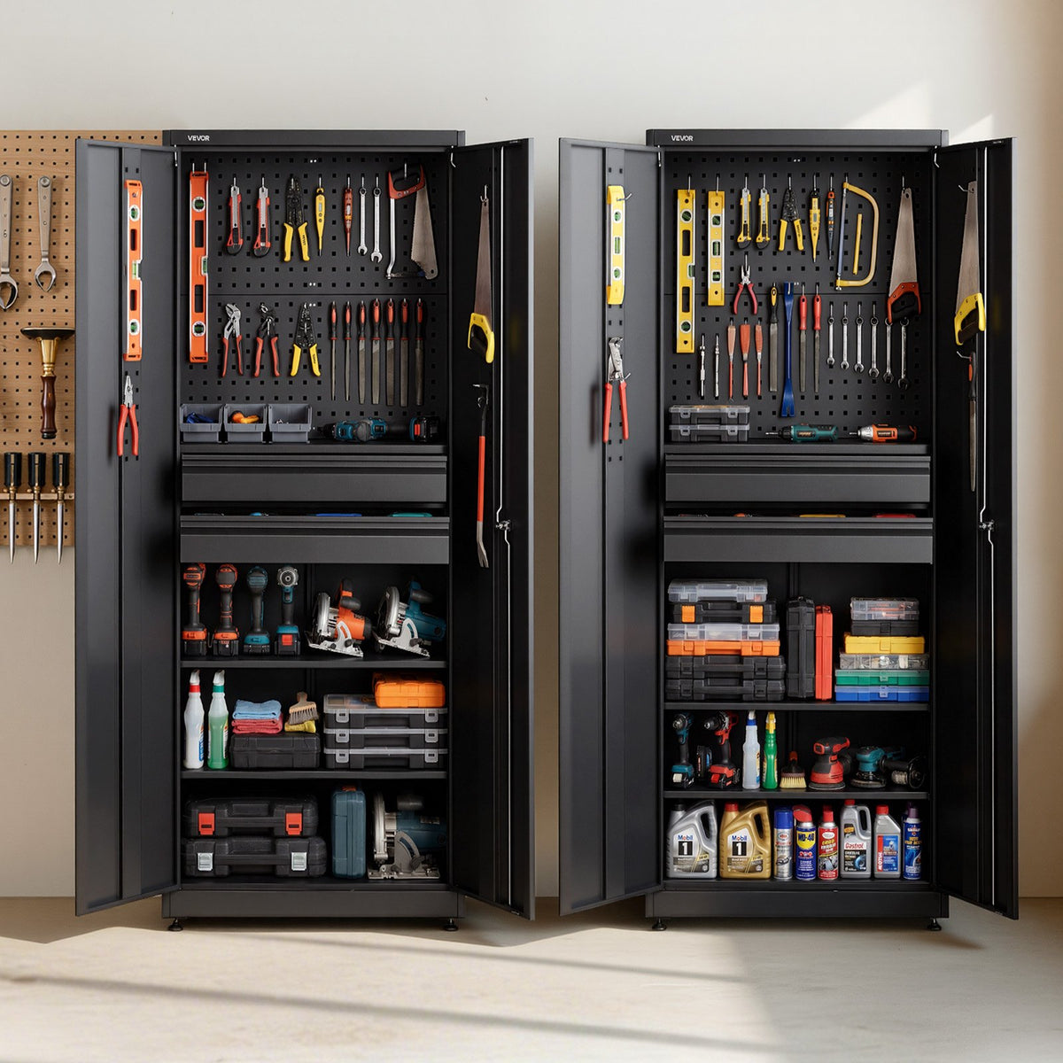 VEVOR Metal Storage Cabinet, 180 lbs Shelf Load Capacity, 70.87" Tall Garage Tool Storage Cabinet with 2 Locking Doors, Adjustable Shelves, 2 Drawers, Pegboard, for Garage, Home, Office, Utility Room - CKCWJGJDCTNCWGRS9001V0 - view 9