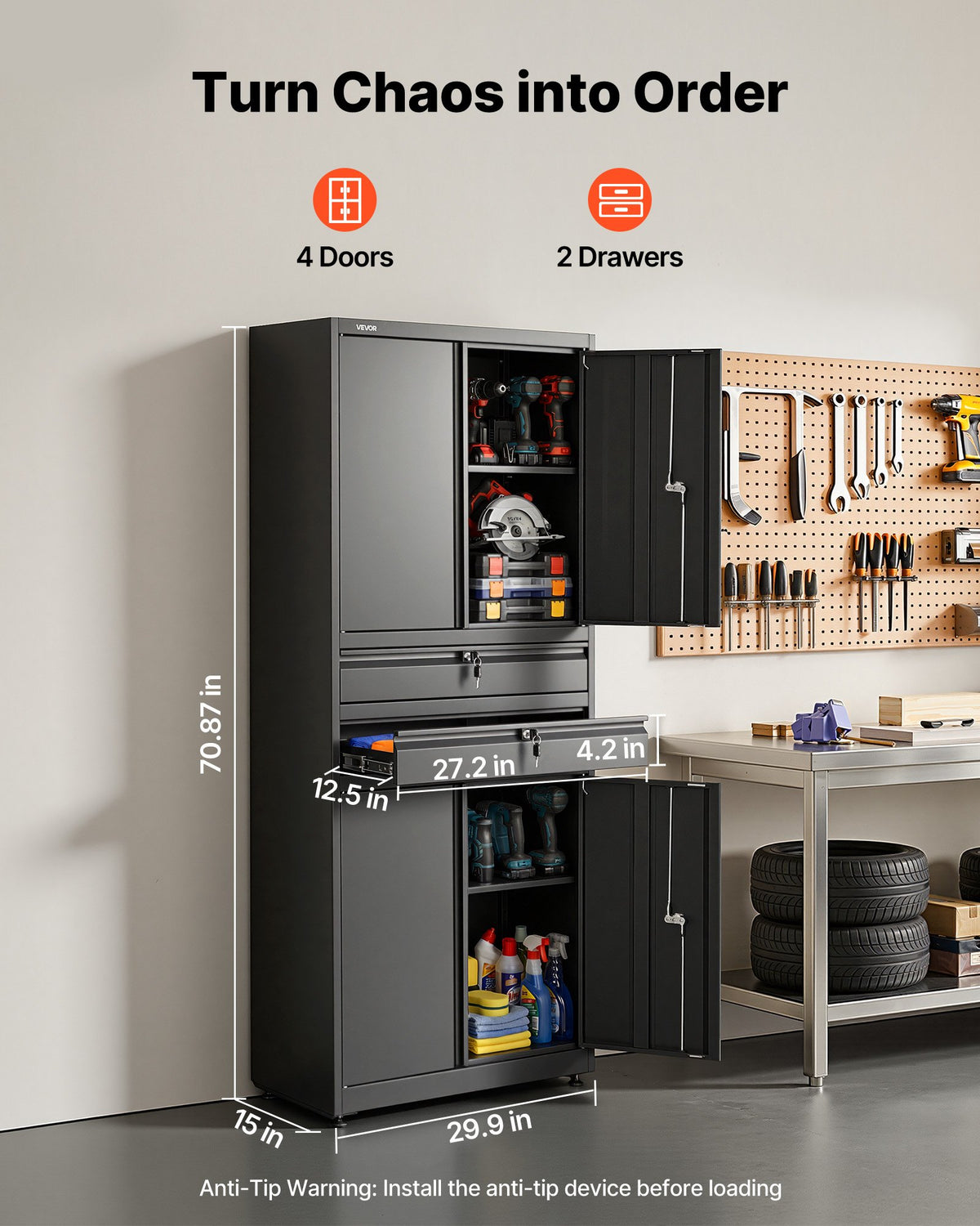 VEVOR Metal Storage Cabinet, 180 lbs Shelf Load Capacity, 70.87" Tall Garage Tool Storage Cabinet with 4 Locking Doors and Adjustable Shelves, 2 Drawers, for Garage, Home, Office, Utility Room, Black - CKCWJGJDCTYB9AK4X001V0 - view 3
