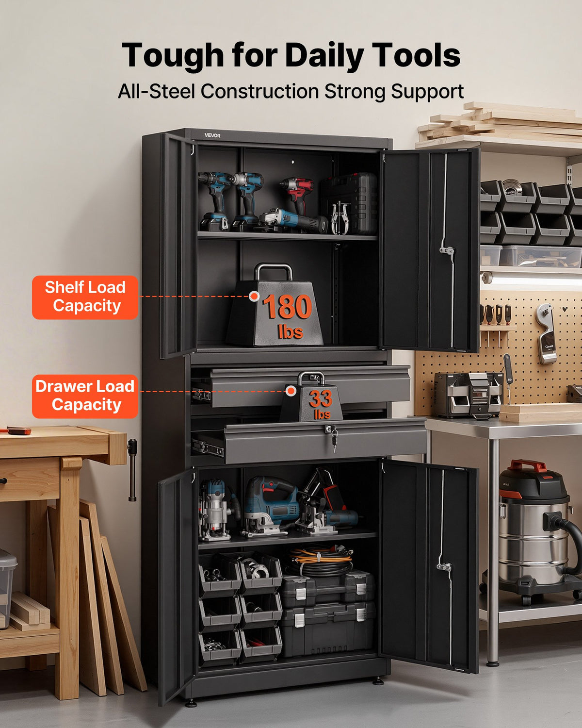 VEVOR Metal Storage Cabinet, 180 lbs Shelf Load Capacity, 70.87" Tall Garage Tool Storage Cabinet with 4 Locking Doors and Adjustable Shelves, 2 Drawers, for Garage, Home, Office, Utility Room, Black - CKCWJGJDCTYB9AK4X001V0 - view 5